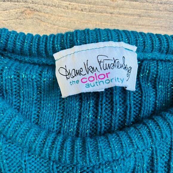 Vintage Diane Von Furstenberg Cable Knit Sweater Metallic Green Blue 1X 2X - Picture 4 of 7